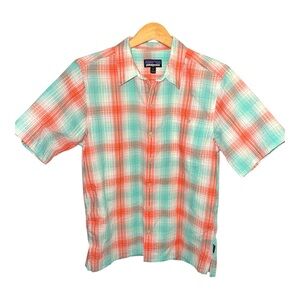 Patagonia Teal Orange Plaid Short Sleeve Button Up Shirt Outdoor Casual